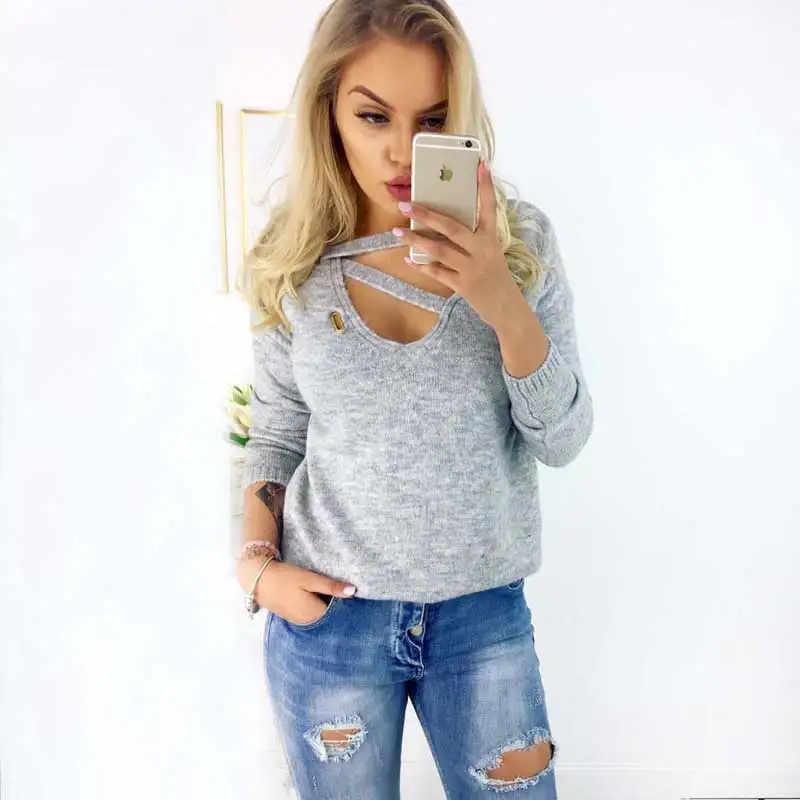 Женский вязаный свитер с v-образным вырезом длинным рукавом пуловер зима 2019 |
