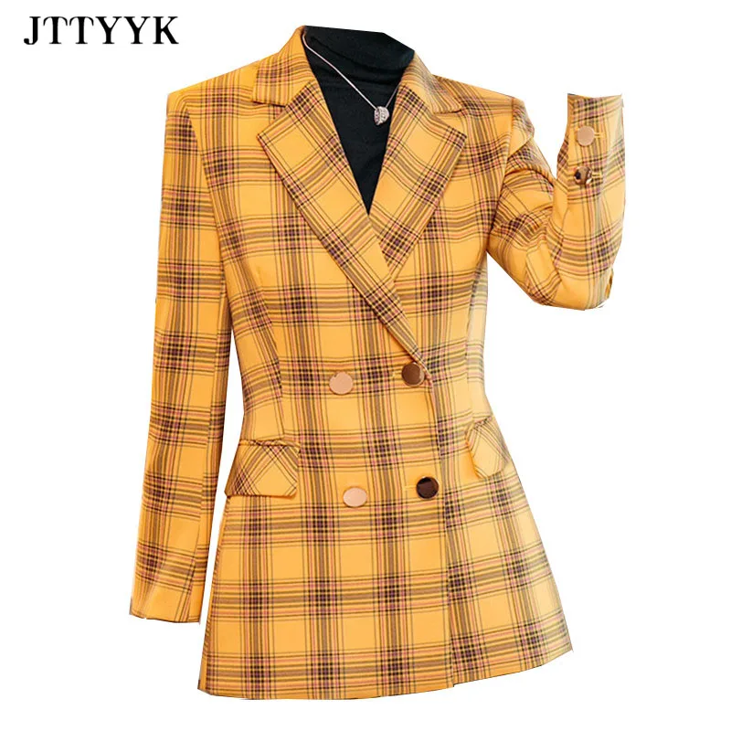 

Double Breasted Blazer Oversize 2021 Women's Spring Jacket Office Suit Yellow Casual Plaid Blazer Jacket Ladies Elegant Coats