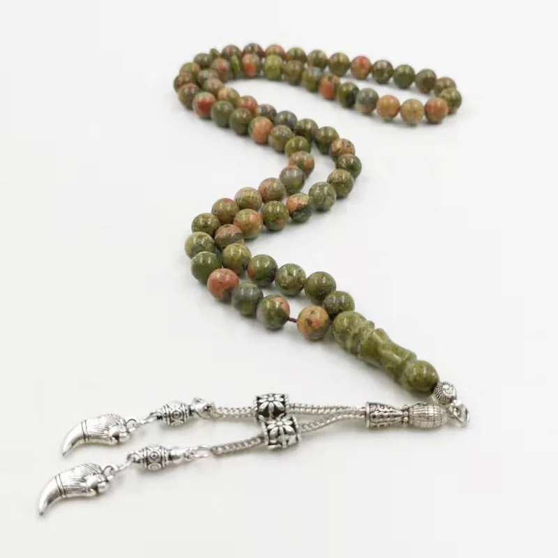 Мужские четки из натурального зеленого нефрита тасбих 66 бусин мусульманские