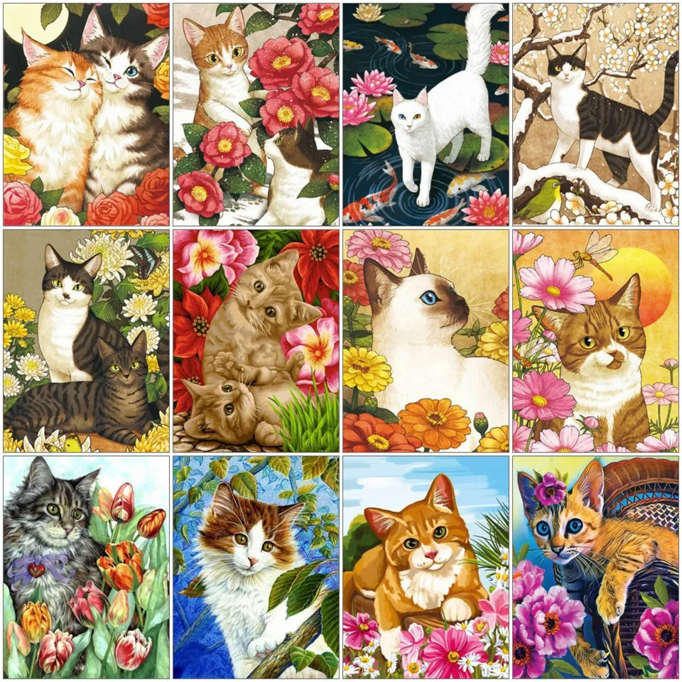 

AZQSD картина маслом по номерам кошка цветок домашний декор Diy подарок холст картина наборы животных настенные искусства ручной работы