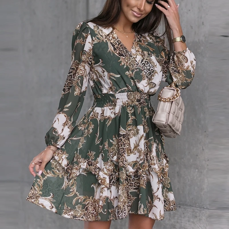 

Женское ТРАПЕЦИЕВИДНОЕ ПЛАТЬЕ с принтом, Осеннее винтажное платье мини с оборками, V-образным вырезом и длинным рукавом, Женская офисная оде...