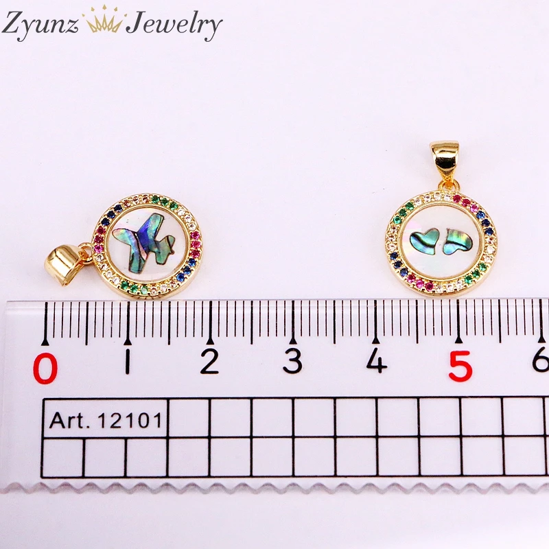

12PCS, Gold Color Multi Crystal Rainbow CZ Micro Pave Abalone Shell Charms Fashion Jewelry Pendant Necklaces