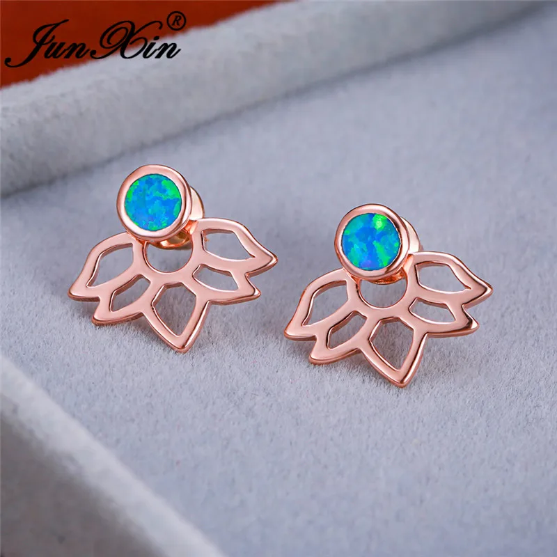 Rose Gold Color Милые цветочные серьги-гвоздики в форме лотоса 925 серебро розовое золото; круг синий огонь опаловые серьги для женщин Свадьба Помолвка подарочный набор украшений для ушей - Окраска металла: Rose Gold Color