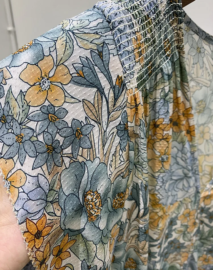 

Women V neck Short Sleeve Flower Print Drawing Waist Long Print Dress