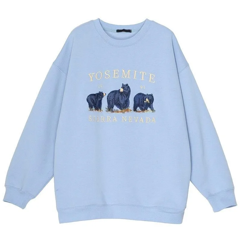 

Vintage Bear Embroidery Sweatshirts Hoodies Women Harajuku Streetwear Casual Long Sleeve Crewneck Oversized Fashion Hoodie Woman