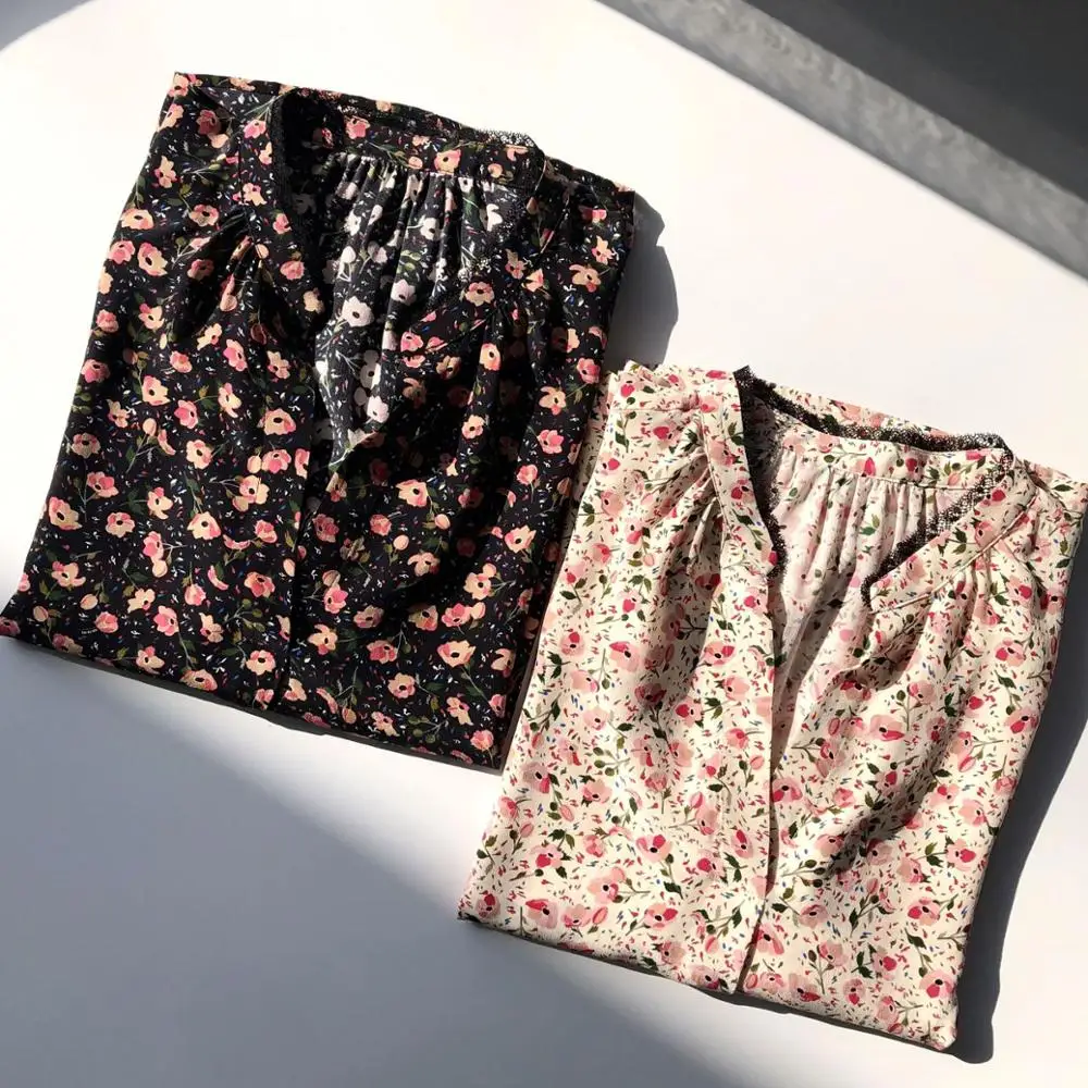 

Sping and Summer Floral Stitching Lace V-neck Women 100% Silk blouse Long Sleeve ladies sweet Shirts and tops