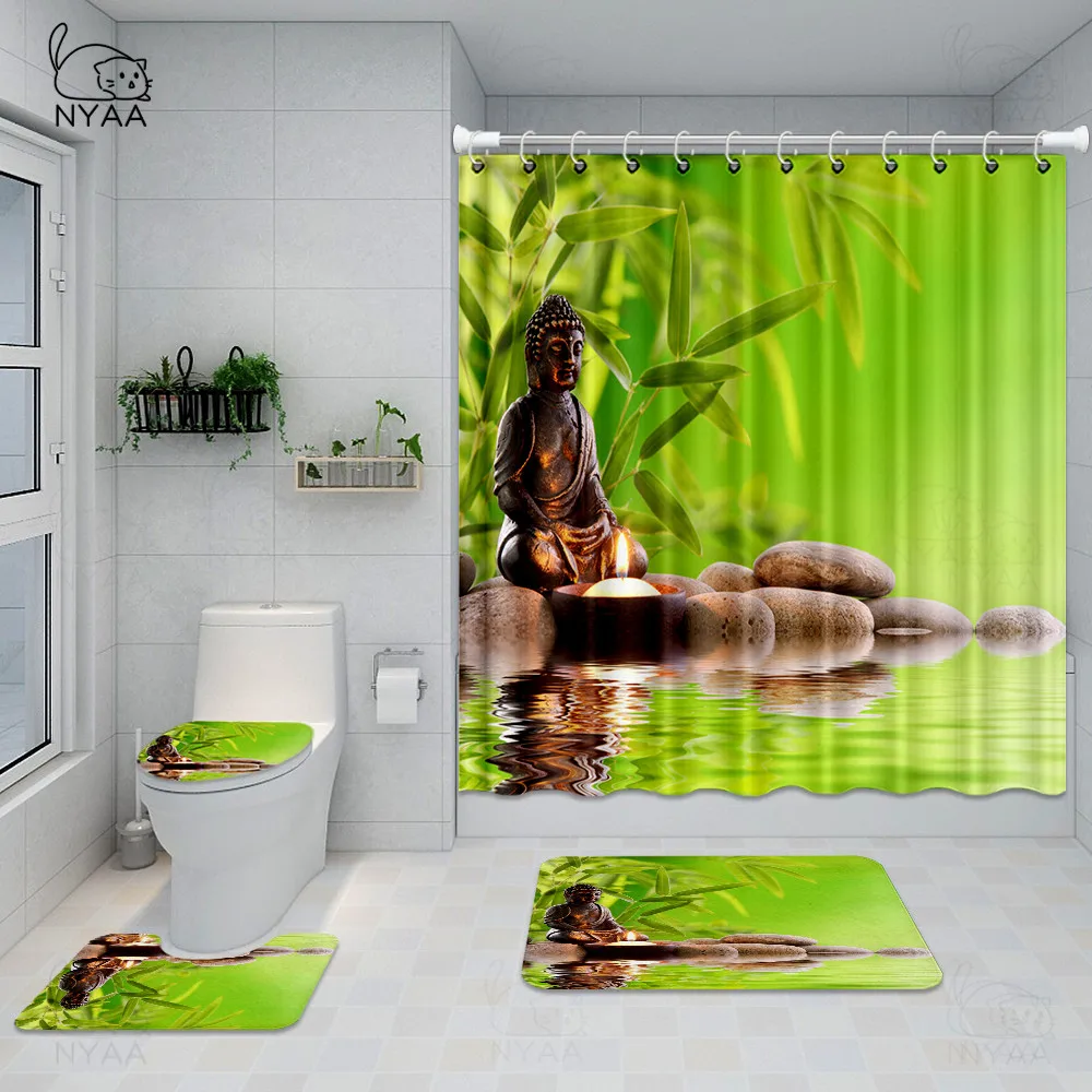 4Pcs/set Bamboo Landscape Bathroom Shower Curtains Durable Waterproof Bath Curtain Set Toilet Cover Mat Non-Slip Rug | Дом и сад