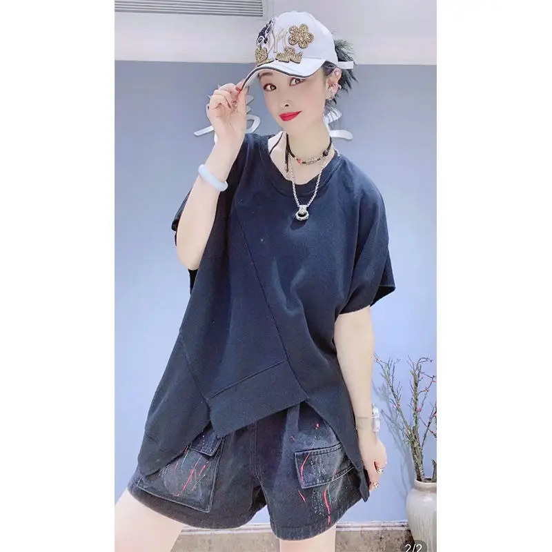 

2021 spring new loose and versatile irregular short sleeve T-shirt for women