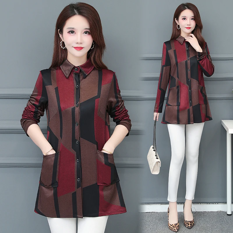 

Plus Size 5XL Shirts Women Tops Fashion Geometric Print Korean Loose Long Sleeve Spring Autumn Women Blouses Camisas De Mujer