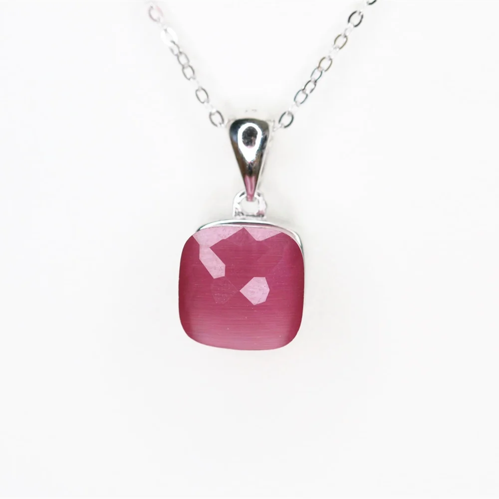 rose pink Серебряная Подвеска из серебра 925 пробы квадратная цветная кошачий глаз опал розовый синий белый карамельный камень кулон ожерелье Горячие ювелирные изделия для женщин и девушек - Окраска металла: rose pink