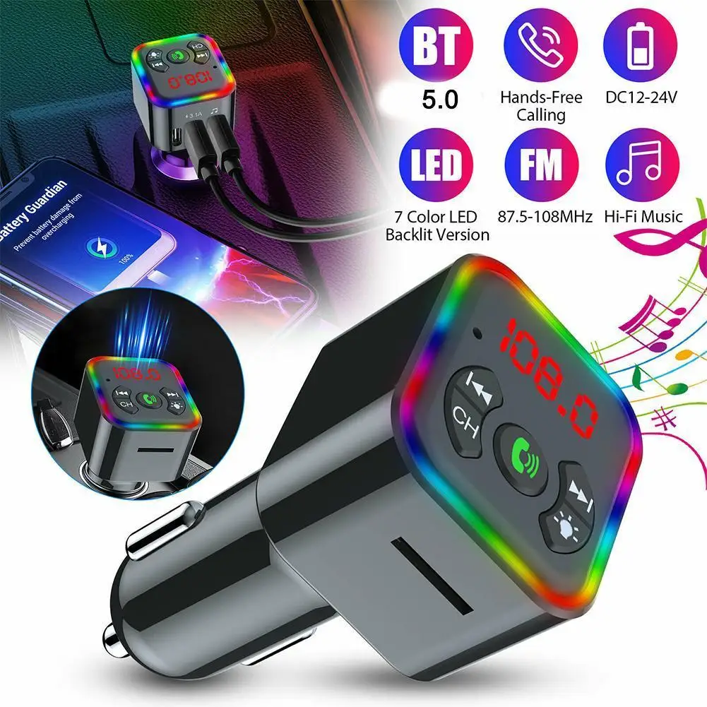 

Ambient Light Bluetooth 5.0 FM Transmitter Handsfree 3.1A Car Charger Wireless Car Kit MP3 Player Audio Receiver TF U Disk Play