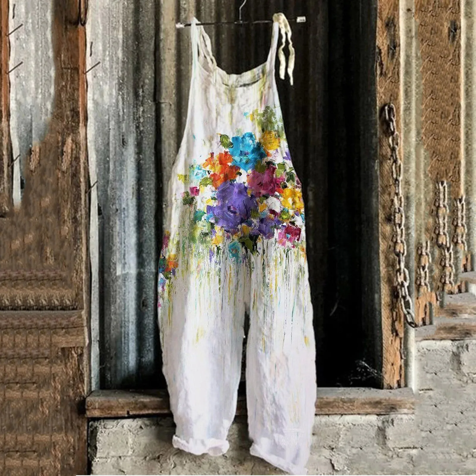 Комбинезон женский хлопково-льняной Свободный Повседневный длинный ромпер с