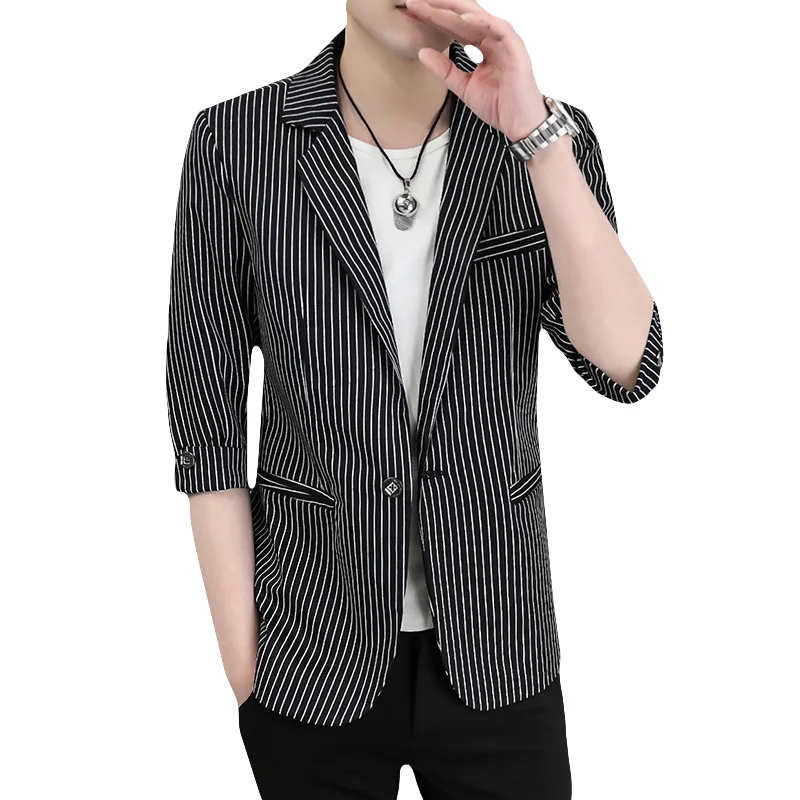 

DYB&ZACQ Summer Thin Sleeve Striped Suit Young Korean Fashion Slim Small Suit Men's Seven-minute Sleeve Single West Coat 3XL