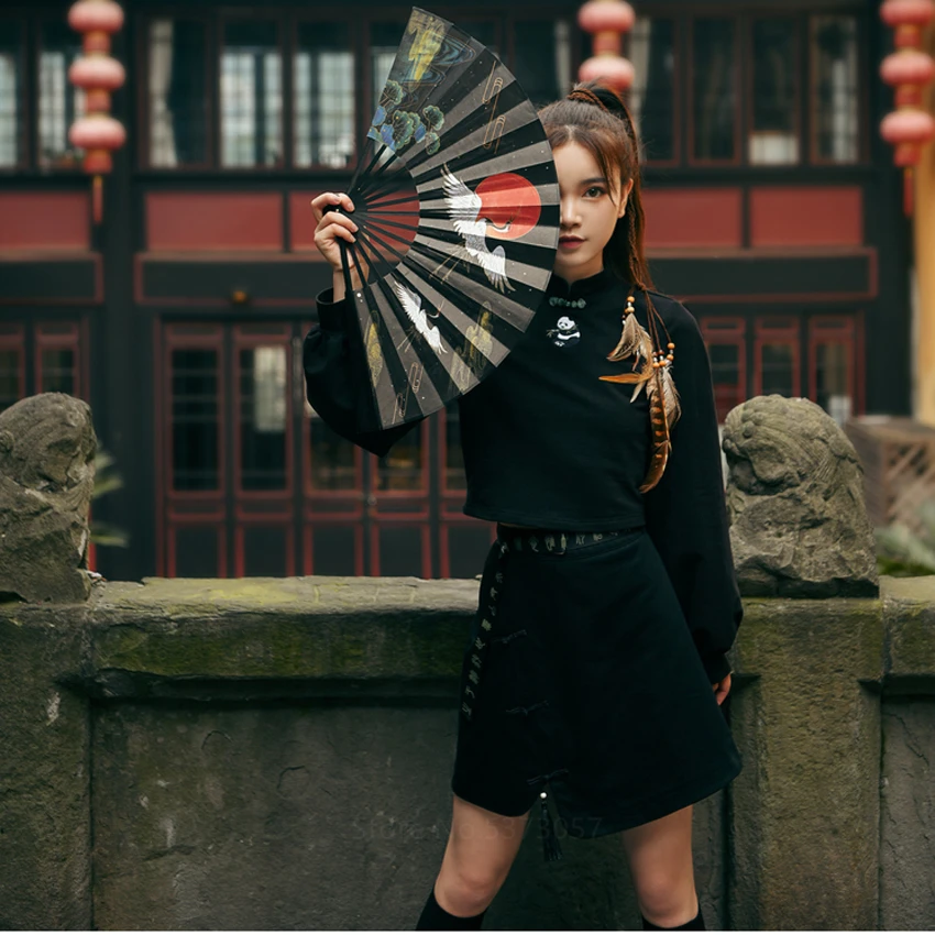 

Gothic Girls Black Dress Streetwear Japanese Harajuku Traditional Kimono Costumes Chinese Style Long Sleeve Loose Cheongsam