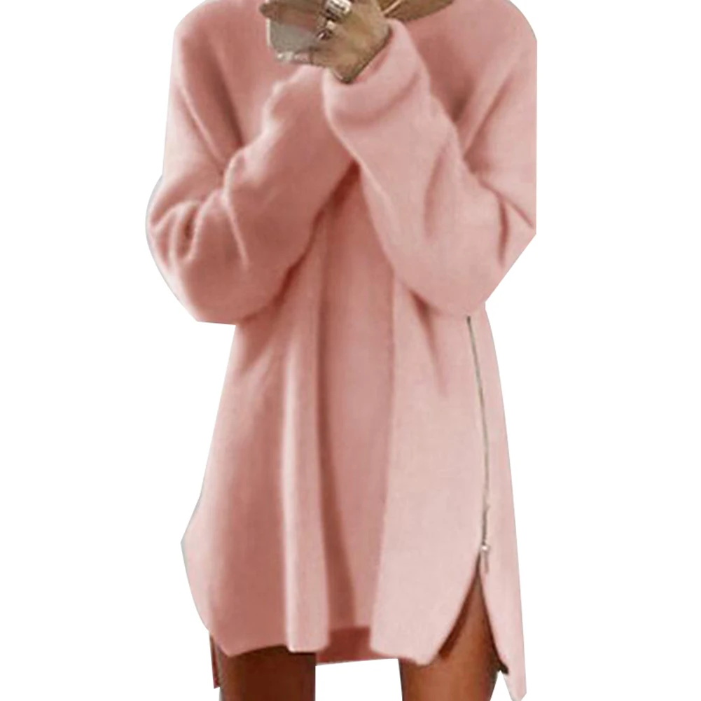 Женское платье пикантное однотонное с длинным рукавом и круглым вырезом женское