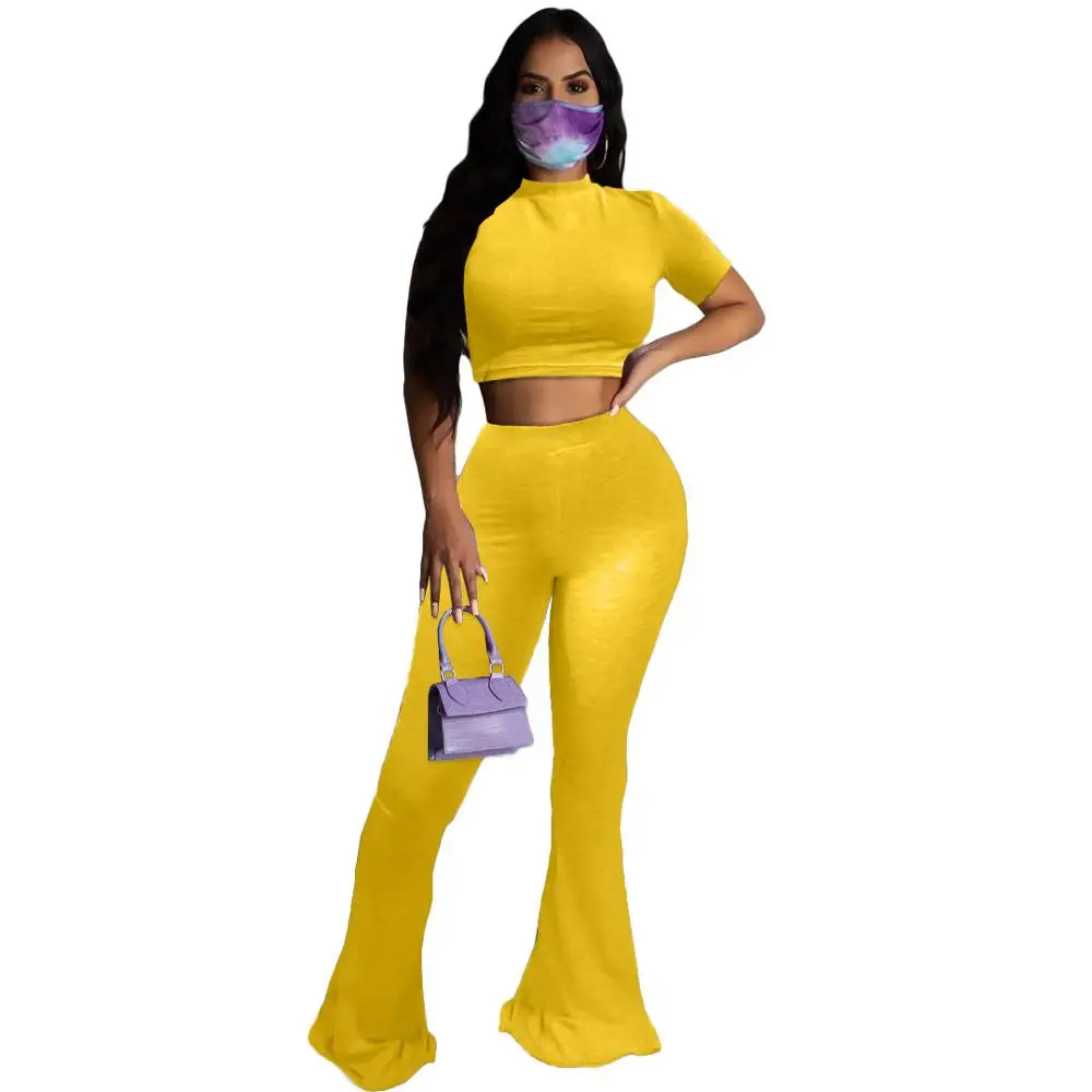 

2020 Elegant Women Short Sleeves T Shirt + Bell Pants Two Pieces Nightclub Party Outfits Autumn Newest Fashion Lady Pants Sets