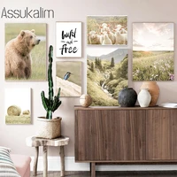 meadow sheep bear wall art canvas painting landscape poster sunlight art print nordic wall pictures for living room decoration