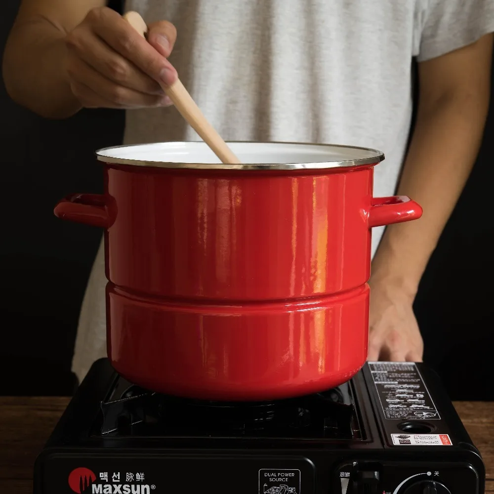 

Japanese red porcelain enamel steamer cooker ears thickened heighten soup stew pot household cooking pan stockpot glass cover