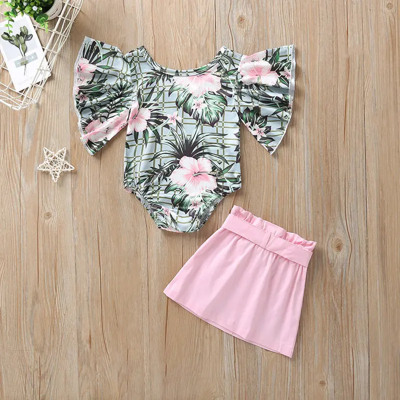 2020 Summer Baby Girl Cloth Set Flowers Ruffled Sleeve Romper Top+Pink Skirt 2pcs Suit Fashion Toddler Kid Outfit 1-4T | Мать и ребенок