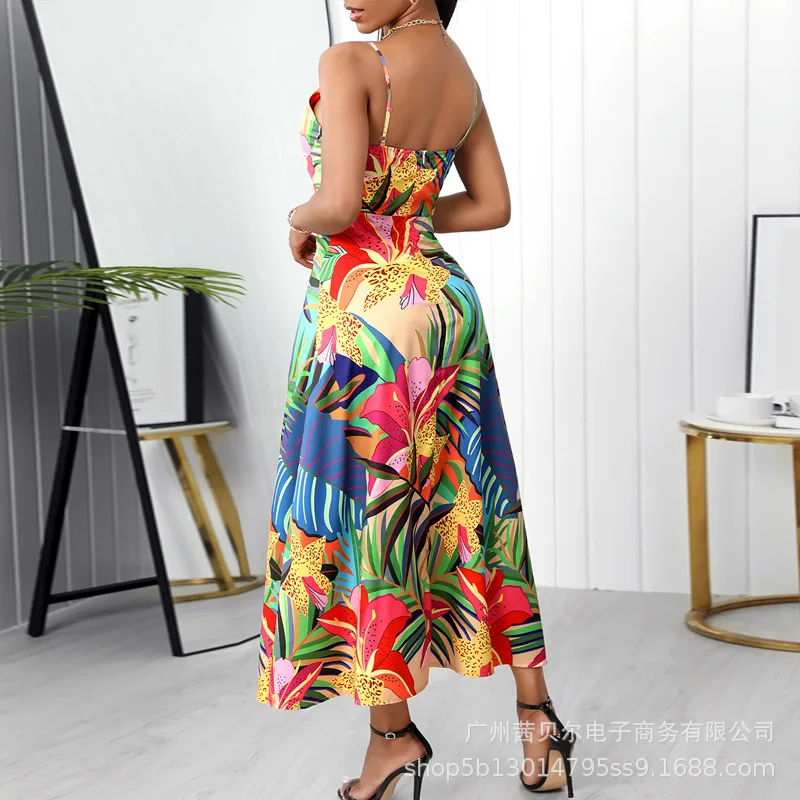 

2021 new women's color tropical print sling split dress long dress