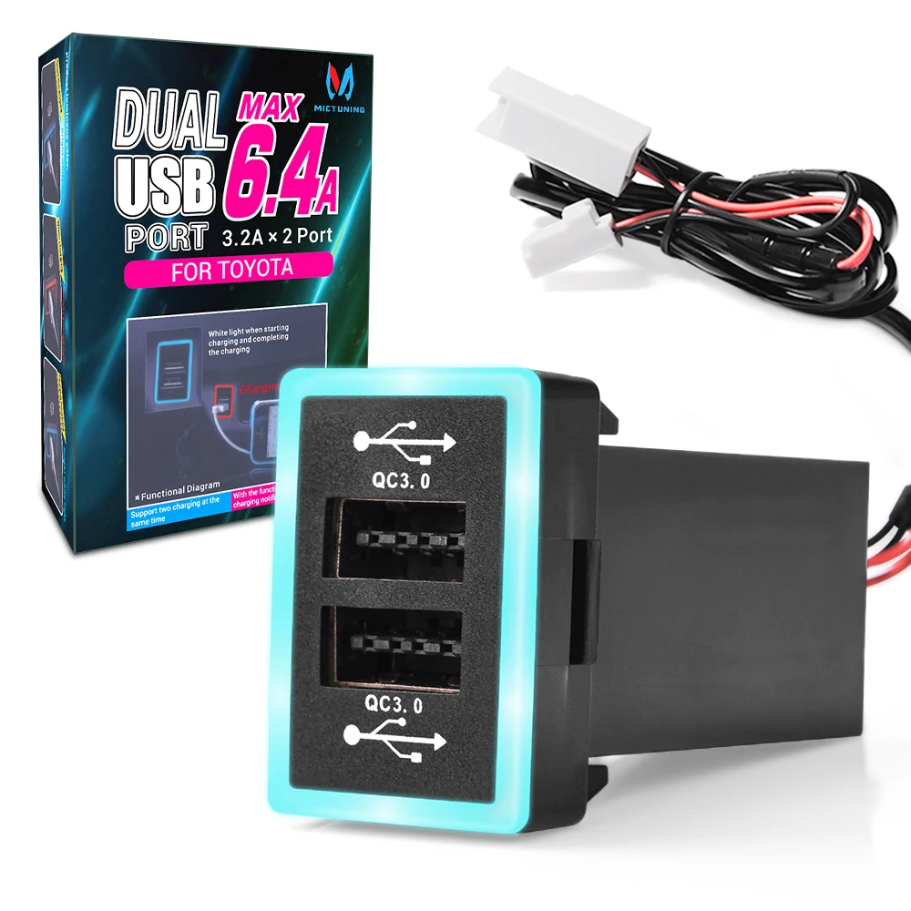 

MICTUNING Dual USB Port 6.4A 12-24V Car Fast Charger with Blue and Red LED Light Qualcomm 3.0 Quick Charger Universal for Toyota