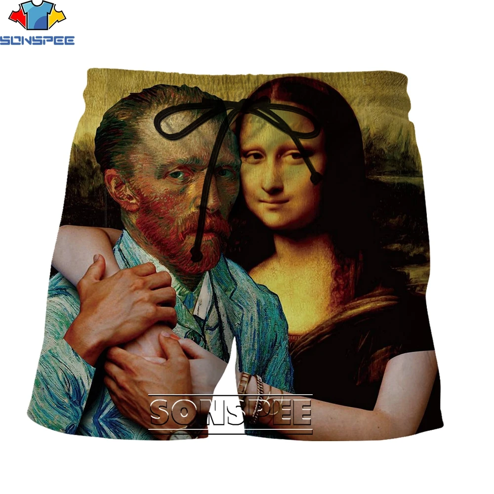 

SONSPEE Fashion Funny Mona Lisa Picasso Pattern Series 3D Printing Men's Shorts Summer Creative Street Hip Hop Beach