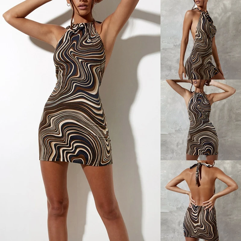 

Women's New Sexy Printed Backless Lace-Up Dress Variegated