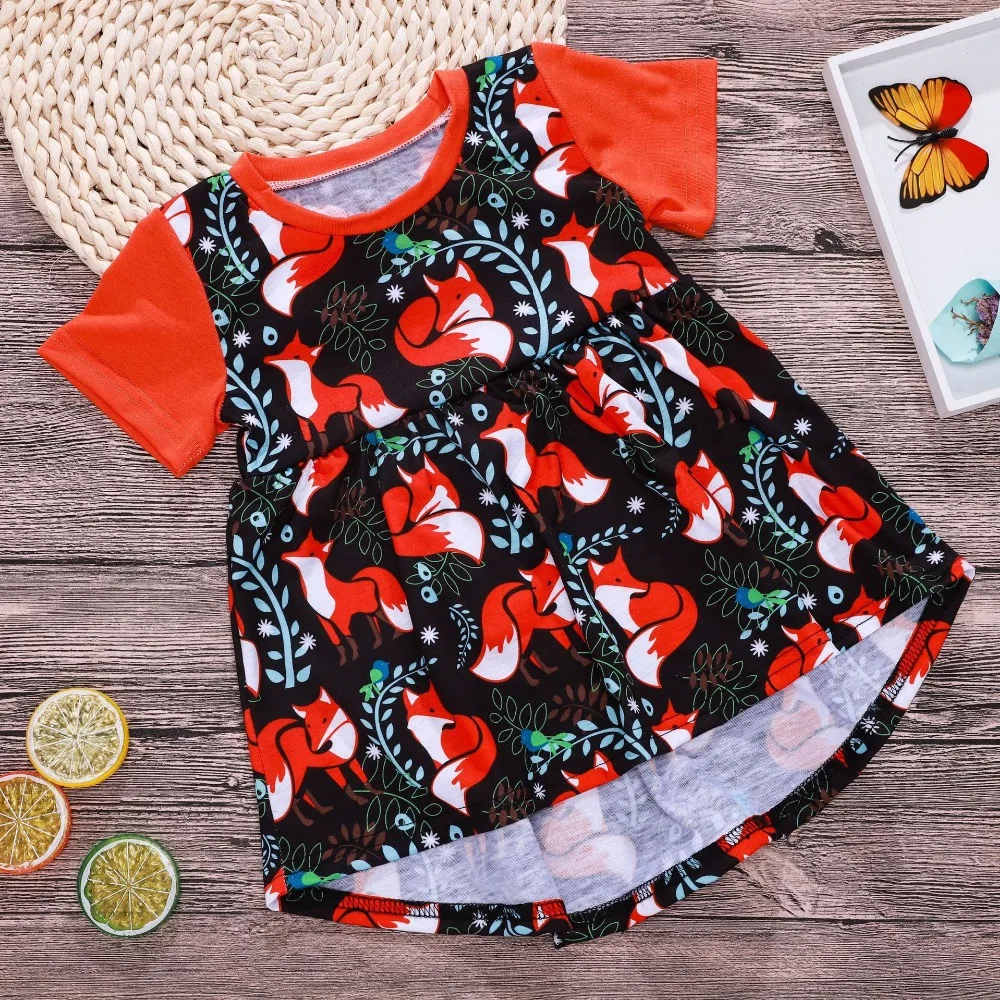 Платье для маленьких девочек с принтом лисы цвет красный черный короткий рукав