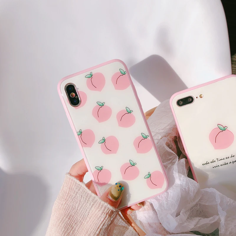 Gimfun Summer Fresh Pink Peach Glass Phone Case for Iphone X Xs Xsmax Xr Fruit Soft Tpu 6 6s 7 8 Plus Back Cover |