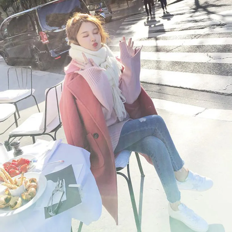 Женское зимнее пальто с длинным рукавом теплое одноцветное шерстяное женское