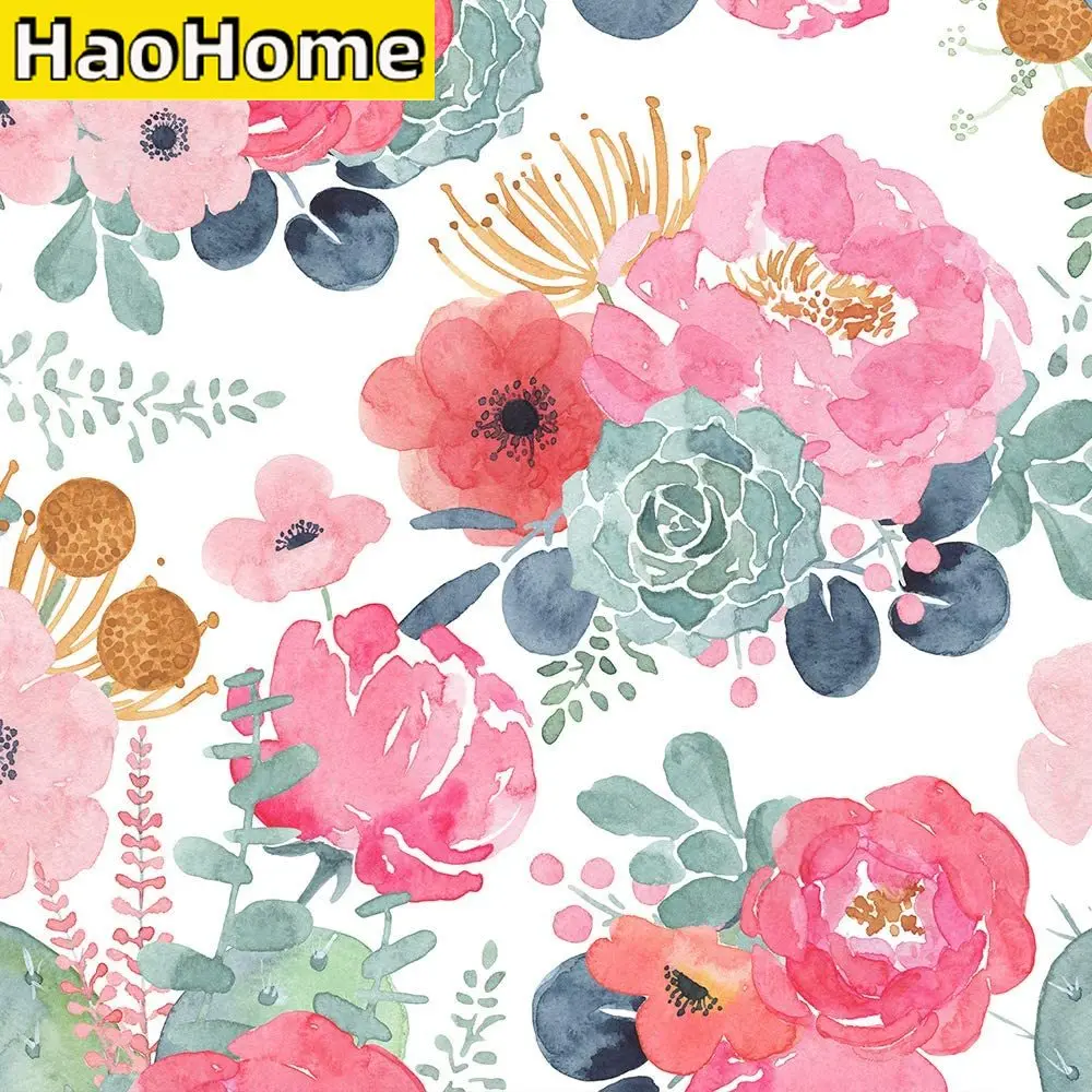 Цветочная самоклеящаяся бумага для стен HaoHome виниловая с акварелью КАКТУСОМ