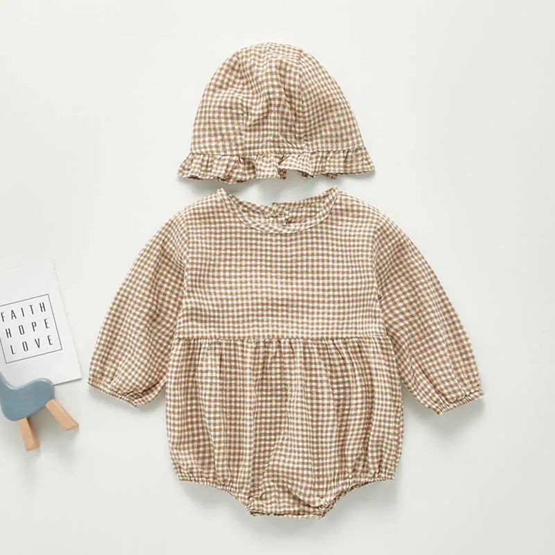 

Newborn Infant Bodysuits Cute Plaid Print Cotton Long Sleeve Baby Girls Jumpsuit With Hat Baby Autumn Clothing