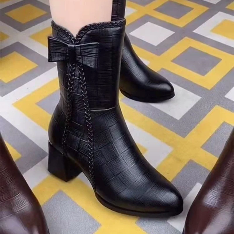

Rimocy Retro Bow Low Heels Mid Calf Boots Women 2022 Spring Pointed Toe Short Booties Woman Side Zipper Pu Leather Shoes Ladies