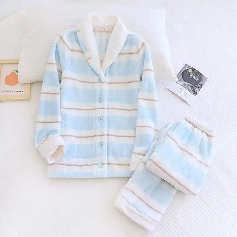Flannel Winter Pajamas Set Thick Warm 2 Pieces Women Sleepwear Casual Loose Pyjamas Suit Homewear Coral Fleece Nightwear