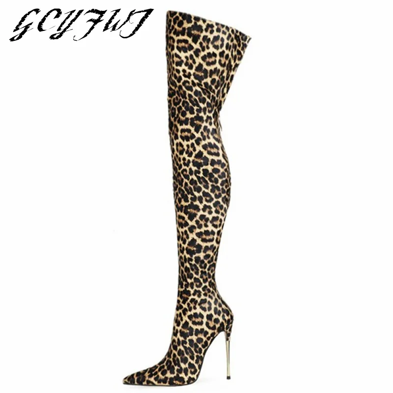 

Женские сапоги выше колена, зимние леопардовые сапоги с острым носком, на тонком каблуке, с застежкой-молнией