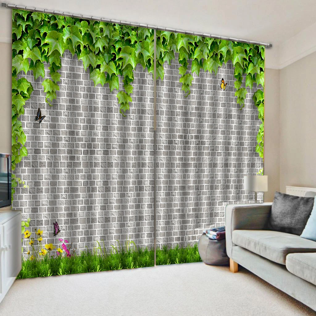 Винтажные шторы с зелеными листьями занавески рисунком кирпичной стены в