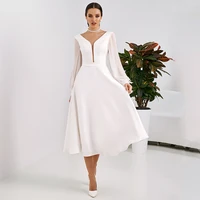tea length wedding dress 2021 modest sheer v neck corset solid color custom made long sleeve bridal gowns
