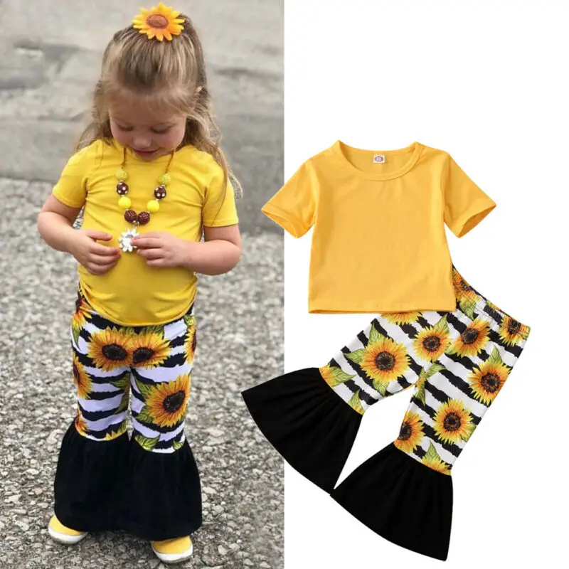 

Милая модная летняя одежда для маленьких девочек топы с короткими рукавами + расклешенные брюки с подсолнухами
