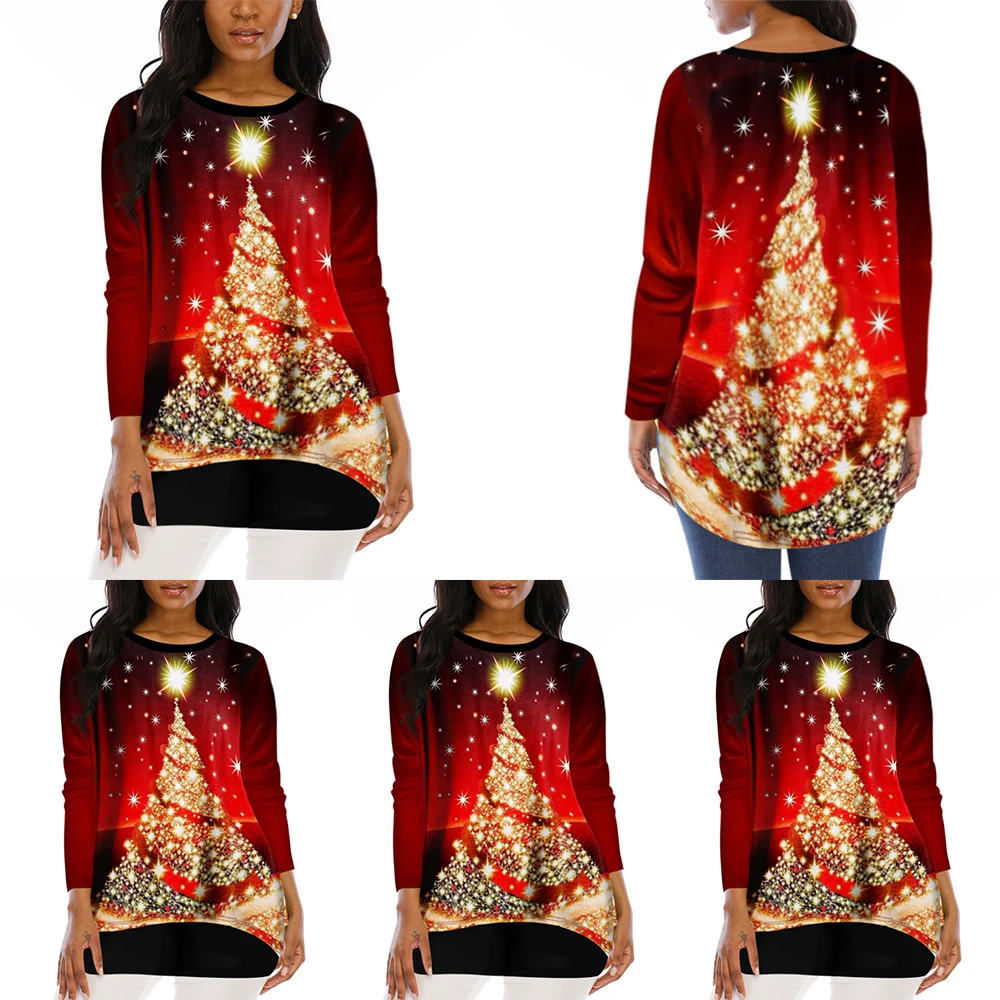 Женская рубашка с длинным рукавом и принтом рождественской елки блузка