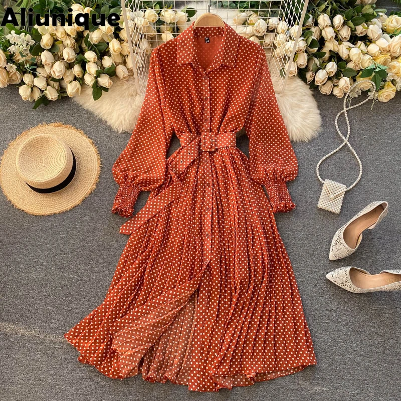 

Aliunique New Dot Chiffon Pleated Skirt Dress For Women 2021 Summer Fashion Design Leisure Temperament Casual Vacation Dress