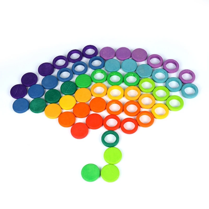 

Cute 72Pcs/Set Children Wooden Rainbow Round Ring Stacking Game Building Block Toys