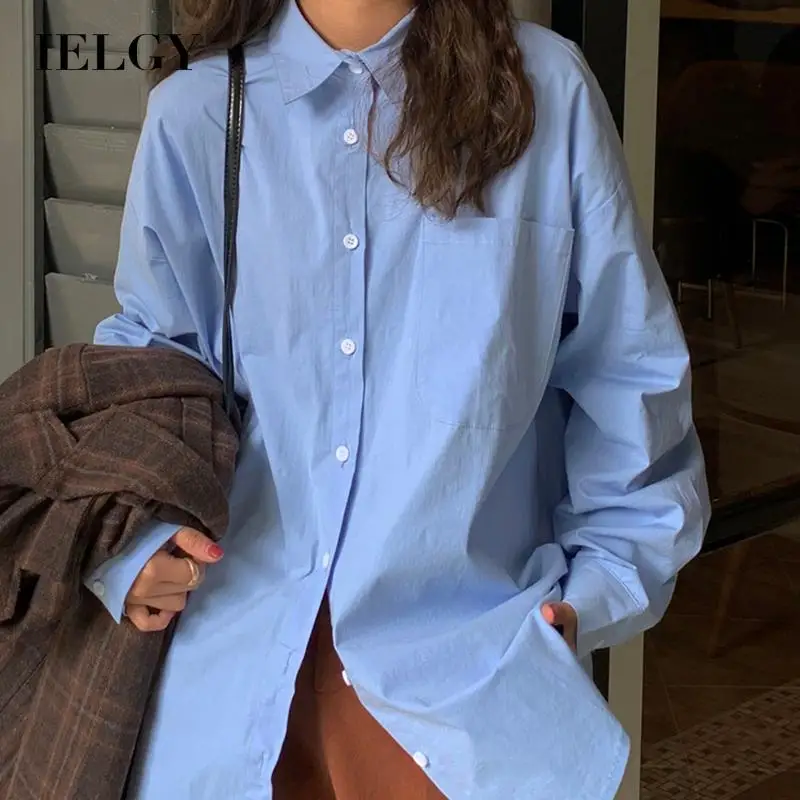 

IELGY simple solid color single-breasted all-match long-sleeved shirt women loose student jacket women