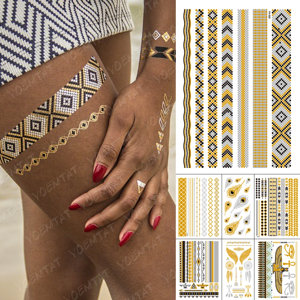 

Waterproof Temporary Tattoo Sticker Chain Bracelet Gold Silver Black Metallic Flash Tatoo Boho Party Jewelry Glitter Body Art