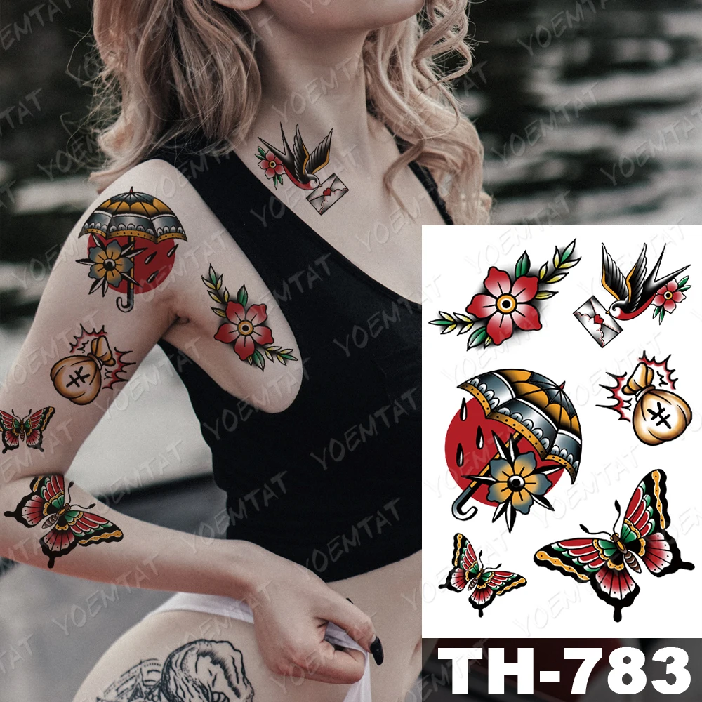 Waterproof Temporary Tattoo Stickers Dragon Rose Old School Flash Tattoos Female Sketch Body Art Arm Fake Tatoo Male images - 6