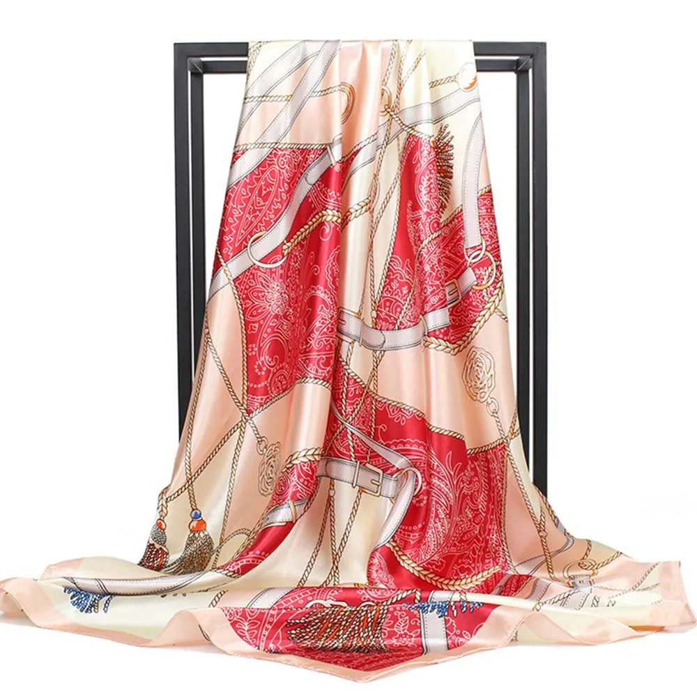 Женский атласный шарф платок квадратный шелковый с принтом цепей большие