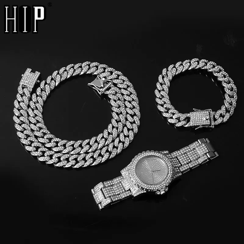 Hip Hop Full Iced Out Paved Rhinestones Miami Curb Cuban Chain Necklace +Watch+Bracelet CZ Bling Rapper Jewelry For Men