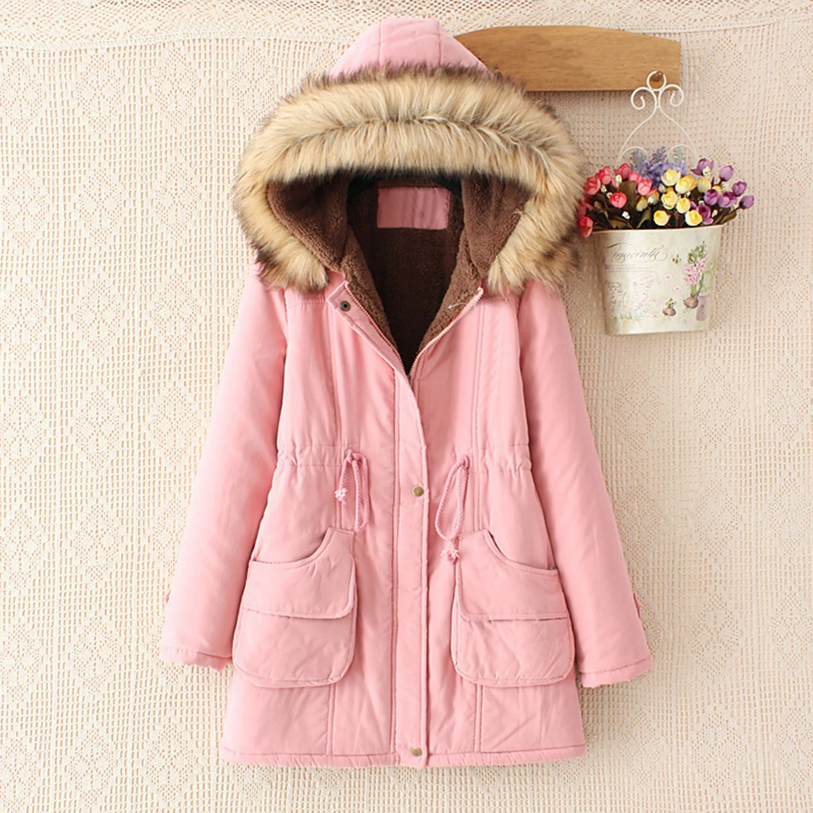 

Women's Winter Parkas Casual Zipper Fly Long Sleeve Puffer Coat With Fur Hood Pockets Outwear Thick Warm Down Jackets casacos