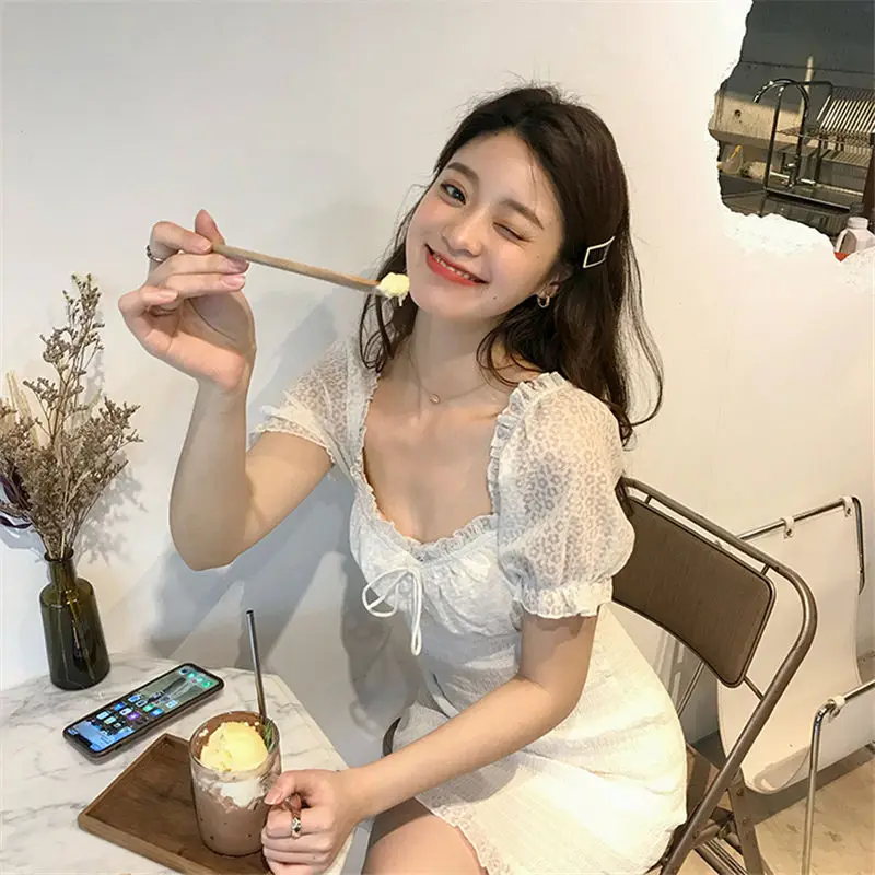 

Lantern Sleeve Dress women's 2021 summer new high waist short skirt