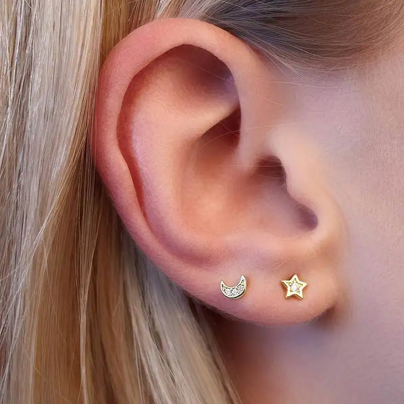 Серьги-гвоздики в виде Луны и звезды из серебра 925 пробы