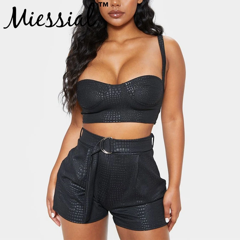 Miessial черный pu кожаный блестящий комплект из двух предметов женский элегантный